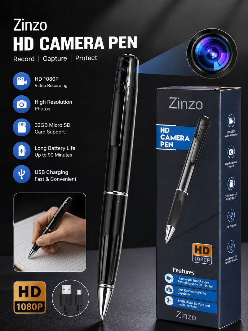 Zinzo HD Spy Camera Pen – 1080P Hidden Camera Pen with Audio Recording & USB Charging