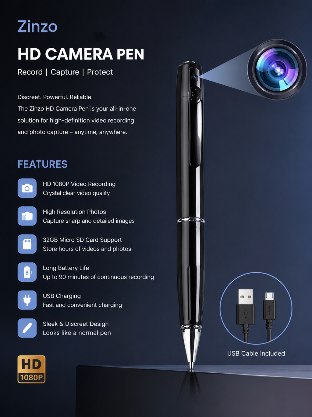 Zinzo HD Spy Camera Pen – 1080P Hidden Camera Pen with Audio Recording & USB Charging
