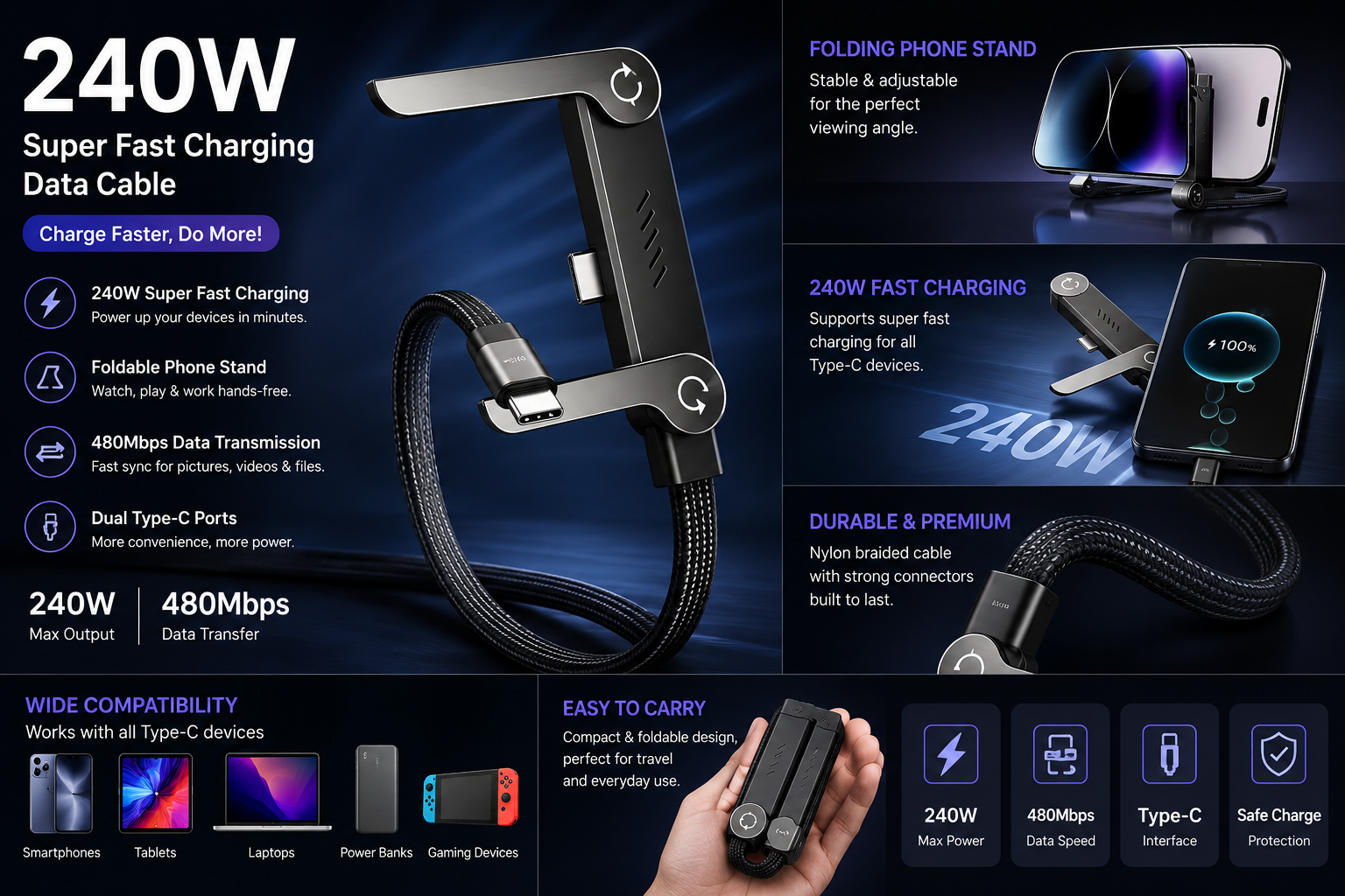 240W Foldable Fast Charging Cable